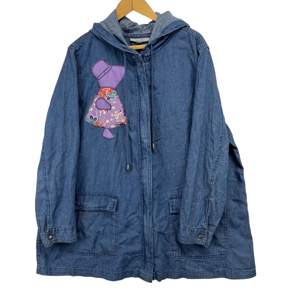 Upcycled Denim Utility Jacket Hooded 22-24 Patchwork Sue Bonnet Sue Applique